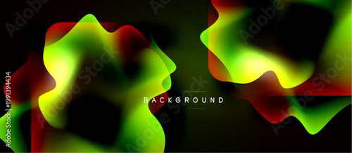 Abstract fluid shapes, vibrant colors blend. Dark background emphasizes flowing forms, creating dynamic visual effect.
