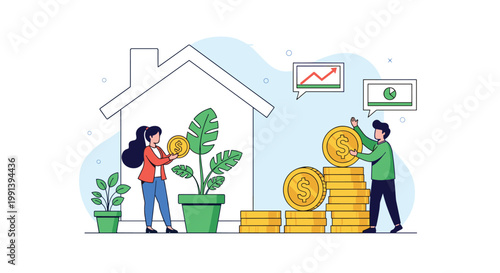 Young couple investing their savings to grow financial wealth and property value depicted by gold coins and house silhouette icons.