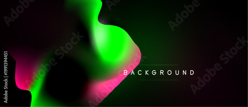 Abstract fluid shapes blend vibrant colors. Dark background emphasizes bright pink, green hues. Modern design element.