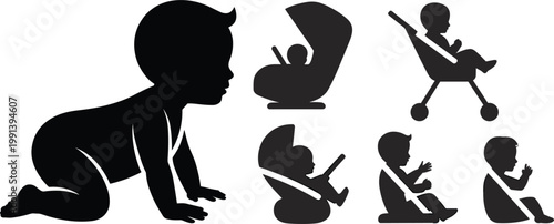 MobileBaby Silhouette Set Featuring Infant Crawling and Sitting in Stroller or Car Seat
Collection of Baby Silhouettes Showing Infant Development Plus Essential Travel Gear and Accessories