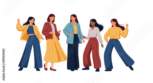 Group of diverse young women posing in stylish casual outfits and modern clothing for a professional fashion group portrait.