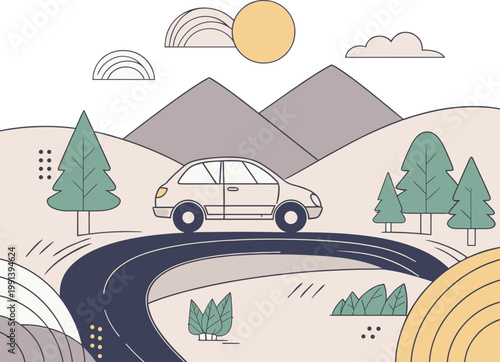 A car drives on a winding road through a scenic landscape with mountains and trees under a sunny sky.