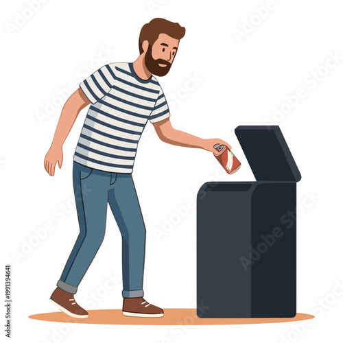 Man throwing trash into a large recycling bin outdoors quickly