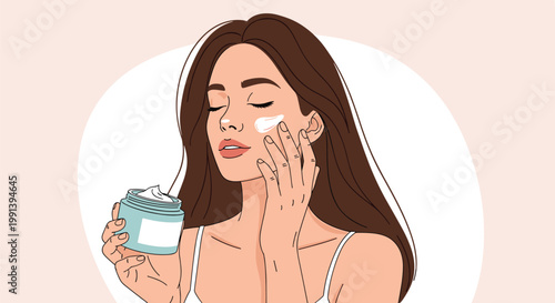 Young woman applying moisturizing face cream from a blue jar to her cheek as part of a daily skincare and beauty routine.