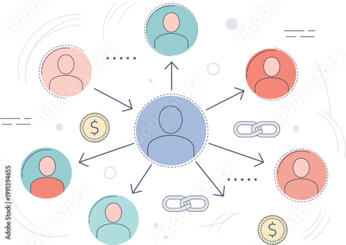 A central figure shares money and links with multiple people online.