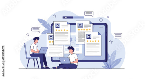 Digital recruitment platform showing candidate profiles with star ratings on a screen with people reviewing job applications.