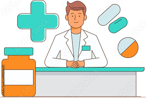 A pharmacist standing behind a counter with medication and pills on display