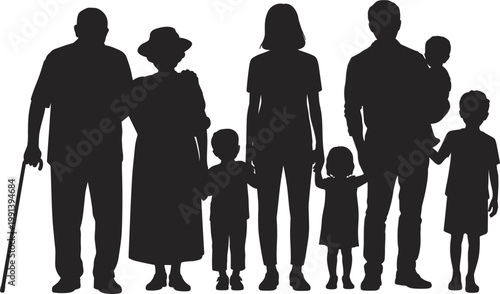 Multi-Generational Family Silhouette Standing Together Against White Background Representing Love, Unity, and a Strong Support System Through Life’s Ages