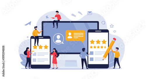 Diverse people interacting with giant mobile devices to leave customer feedback and star ratings for online service quality.