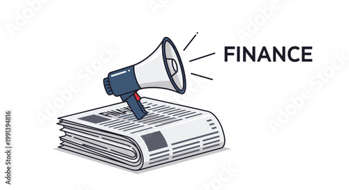 Finance and business news announcement represented by a megaphone resting on top of a stack of folded daily newspapers.