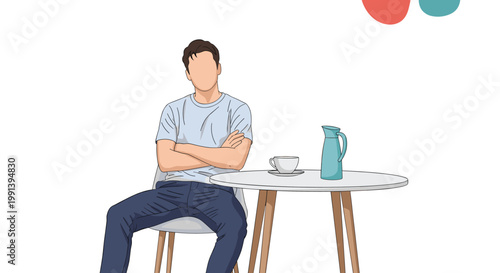 Man sitting at a white cafe table with his arms crossed while waiting with a cup of coffee and a water pitcher in a room.