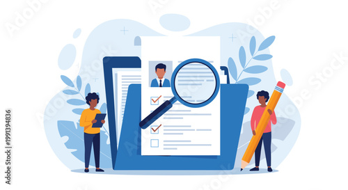 Human resources team using a magnifying glass to carefully review candidate resumes and job applications in a blue folder.