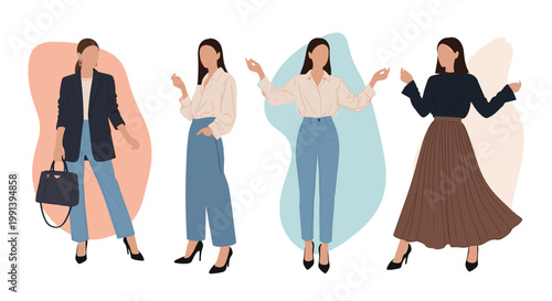 Four women demonstrating different modern fashion styles including business casual and elegant skirts and casual outfits.