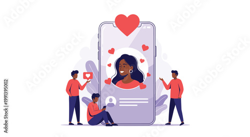 People interacting with large smartphone screen showing woman profile and hearts representing online dating and social networking.
