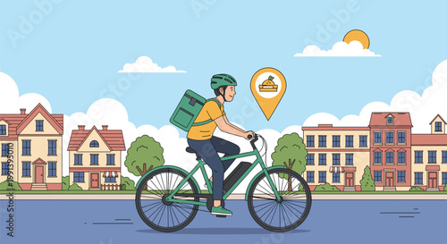 Courier on bicycle with delivery backpack riding through city street representing fast food and grocery delivery service.