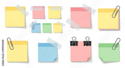 Collection of colorful sticky notes with paper clips and tape.