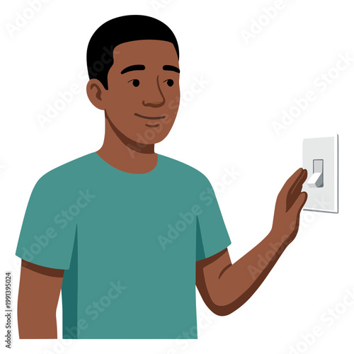 A man flips a light switch with a smile on his face indoors.