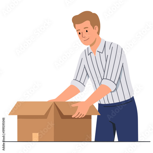 Man packing moving cardboard box with hands in office setting indoors