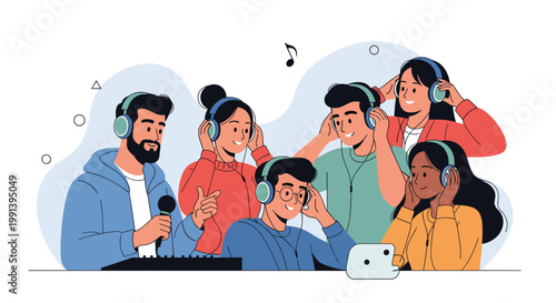 Diverse group of young people wearing headphones and using microphones for recording podcast and enjoying audio content.