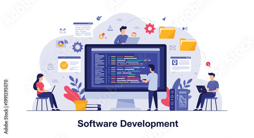 Team of developers working together on software development project with large screen displaying computer code and data.