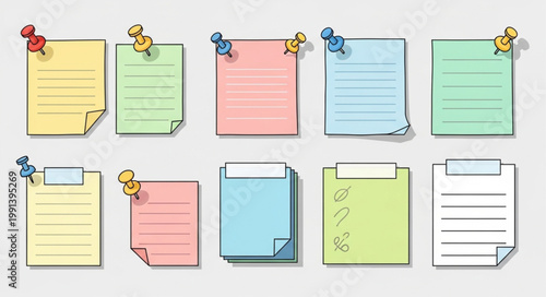 Collection of colorful sticky notes with pins.