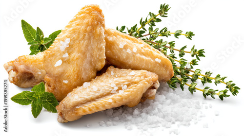 Three crispy fried chicken wings with sea salt flakes and fresh herbs on white background