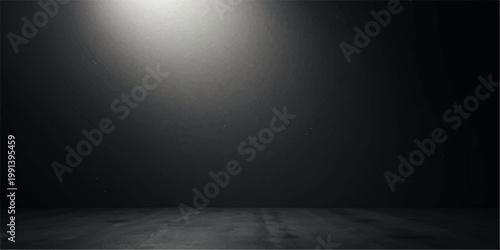 An empty dark room interior features a vintage grunge concrete wall and a dark wooden parquet floor with a dirty old texture for a moody architectural backdrop