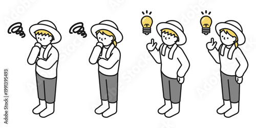 アイソメトリックイラスト:アイデアを思いつく男女 考える男女(農家)