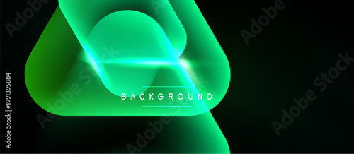 Abstract green shapes overlap dark background. Dynamic lighting creates glowing effect, modern design element. Text reads background.