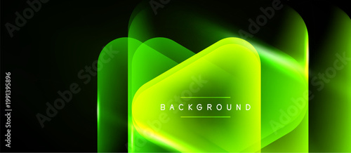 Abstract green layers create glowing effect. Dark background emphasizes vibrant shapes, modern design element.