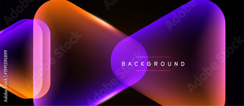 Abstract shapes overlap, creating vibrant orange, purple gradients. Dark background emphasizes glowing effect, modern design element.