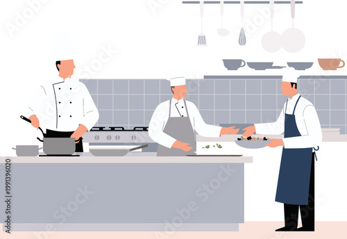 Chef handing food to waiter while another chef cooks in a modern kitchen