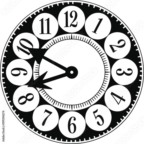 Isolated vintage clock face with an old wall dial and alarm hands representing a business deadline symbol in this vector illustration object