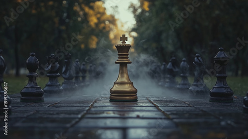A golden chess king stands majestically on a misty, wet outdoor board, flanked by dark pieces, with a blurred forest and golden light in the background.