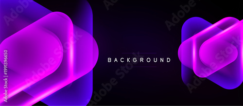 Abstract design features layered glowing shapes, vibrant purple hues, dark background. Modern aesthetic, dynamic composition.