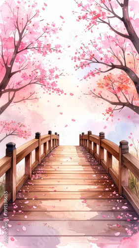A serene watercolor painting of a wooden bridge covered in fallen pink cherry blossoms, framed by blooming Sakura trees under a soft, spring sky.