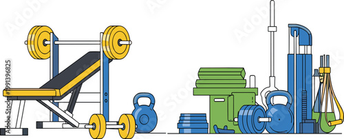 Gym equipment set with weights bench kettlebell and fitness training tools illustration