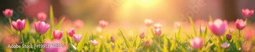 Soft pink spring meadow, sunlit grass flowers, glitter , bokeh, blossom, light