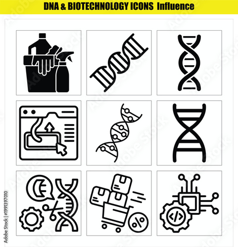 DNA and biotechnology icons influencing science and technology concepts  various symbols