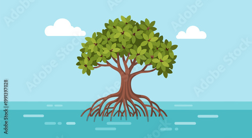 A single stylized mangrove tree with visible tangled roots growing in water.