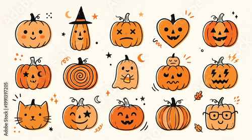 Hand drawn abstract minimal element, cute halloween pumpkins vector set.
