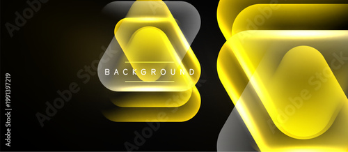 Abstract geometric shapes overlap, creating glowing effect. Yellow, silver tones dominate dark background. Modern design element.