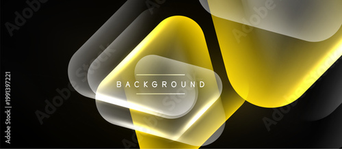 Abstract design features rounded shapes, gradients. Yellow, gray tones dominate dark background. Text reads BACKGROUND. Modern, minimalist aesthetic.