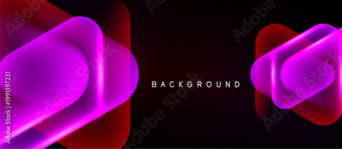 Abstract neon shapes over black background. Vibrant pink, red gradients create dynamic visual effect. Modern design element.