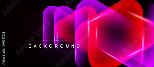 Abstract neon shapes overlap, creating vibrant light effects. Dark background emphasizes glowing geometric forms. Modern design element.