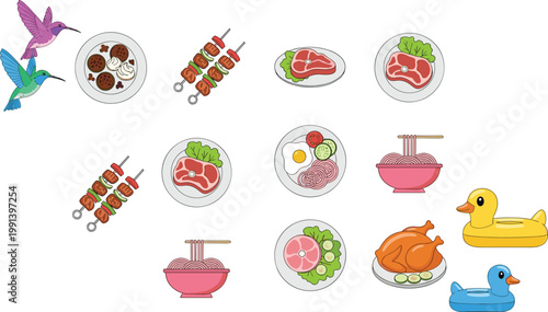 Food dishes and cute birds with BBQ skewers, meat plates and noodle bowls illustration set