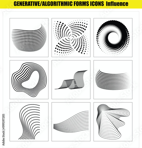Generative algorithmic forms icons influence graphics on white background