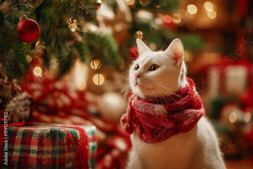 White Cat in Red Scarf Beside Christmas Tree