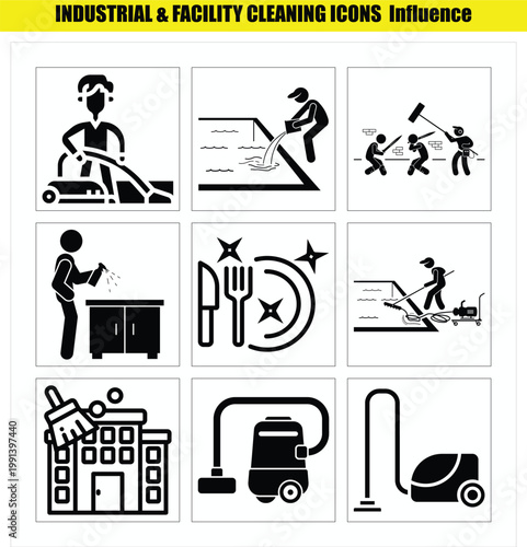 Industrial and facility cleaning icons for facility management and maintenance services
