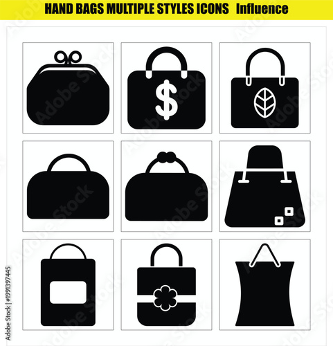 Multiple styles of handbags icons in black silhouette on white background